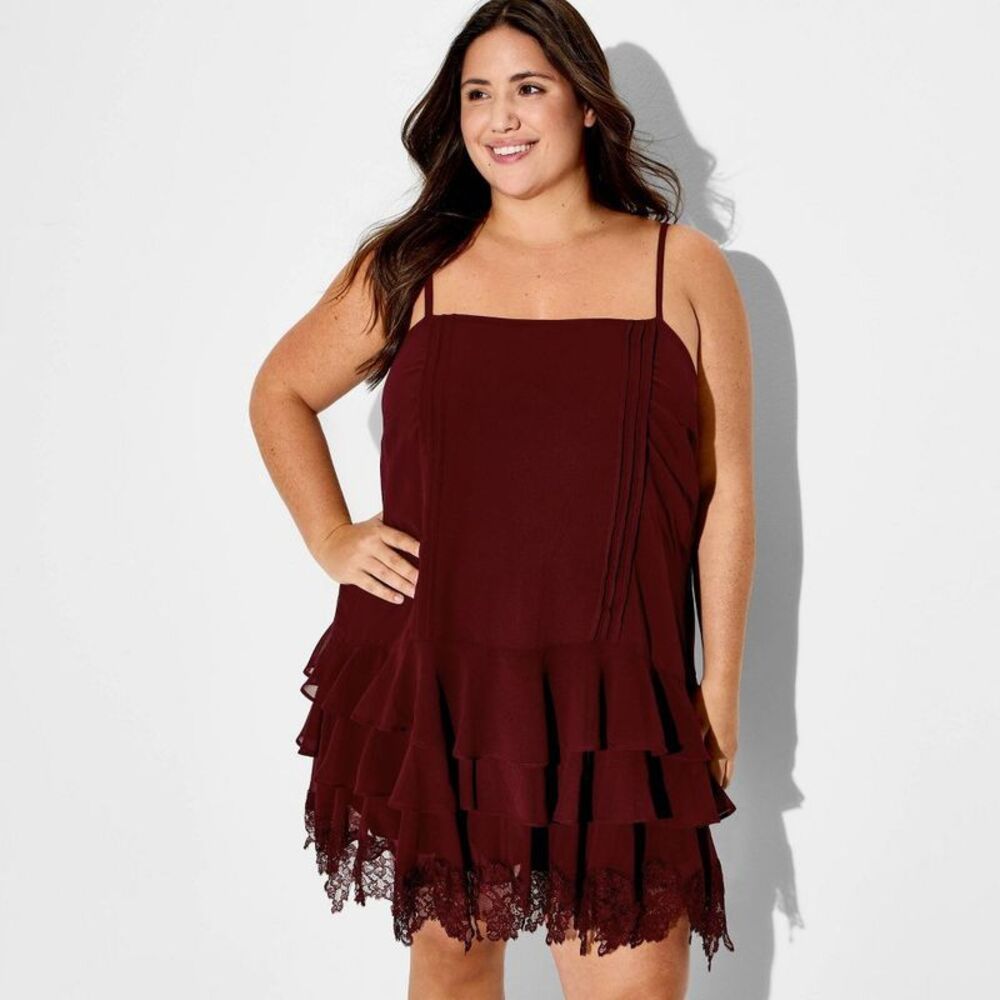 Women's Dropped-Waist Ruffle Mini Dress - Wild Fable Maroon 1X